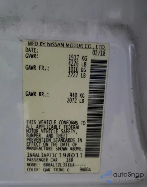 2018 Nissan Altima 2.5 from USA, damaged, VIN 1N4AL3AP7JC198011
